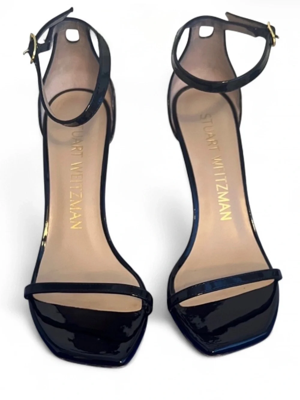 Stuart Weitzman Nudistcurve 100 Patent Leather Sandals 7B Black 4” Stiletto Heel